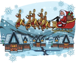 圣诞老人飞过一个村庄。PNG - JPG和矢量EPS文件格式(无限可扩展)。图像隔离在透明背景上。