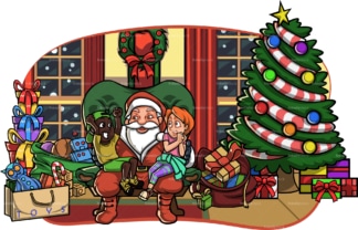 孩子们坐在客厅圣诞老人的腿上。PNG - JPG和矢量EPS文件格式(无限扩展)。图像隔离在透明背景上。