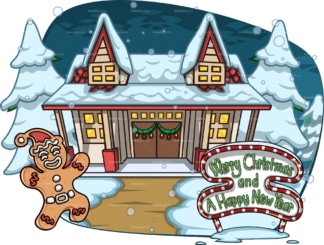 房子被雪覆盖的圣诞快乐海报。PNG - JPG和矢量EPS文件格式(无限扩展)。图像隔离在透明背景上。