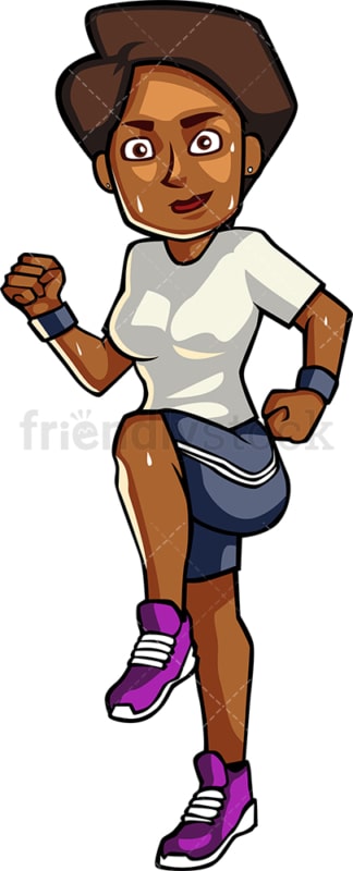 一个黑人妇女在原地奔跑。PNG - JPG和矢量EPS文件格式(无限扩展)。图像隔离在透明背景上。