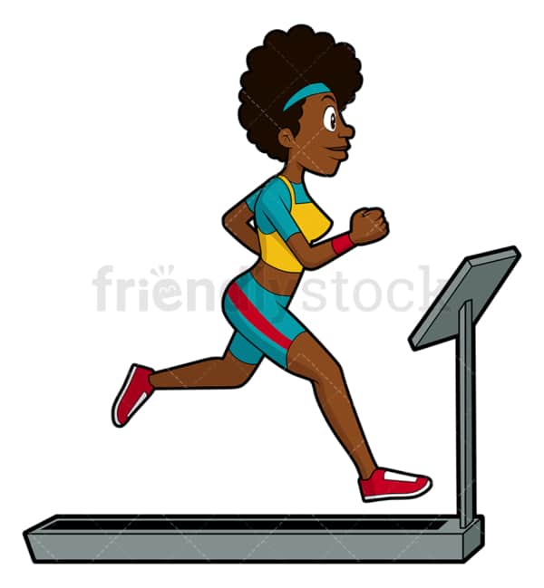 黑人女孩在跑步机上跑步。PNG - JPG和矢量EPS文件格式(无限可扩展)。图像隔离在透明背景上。