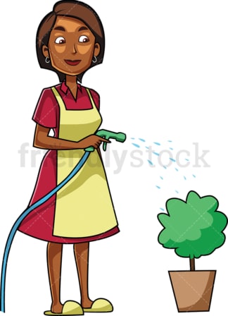 黑人妇女给小灌木浇水。PNG - JPG和矢量EPS文件格式(无限扩展)。图像隔离在透明背景上。
