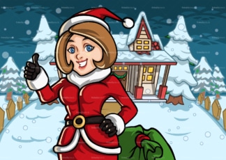 妈妈在被雪覆盖的房子外面打扮成圣诞老人。PNG - JPG和矢量EPS文件格式(无限扩展)。图像隔离在透明背景上。