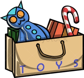 购物袋装满了玩具和糖果。PNG - JPG和矢量EPS文件格式(无限可扩展)。图像隔离在透明背景上。