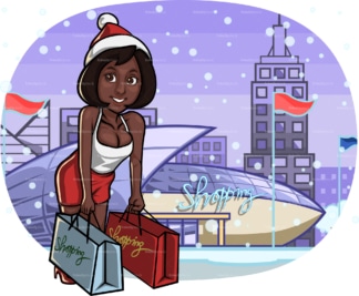 圣诞节购物中心可爱的黑人女人。PNG - JPG和矢量EPS文件格式(无限可扩展)。图像隔离在透明背景上。
