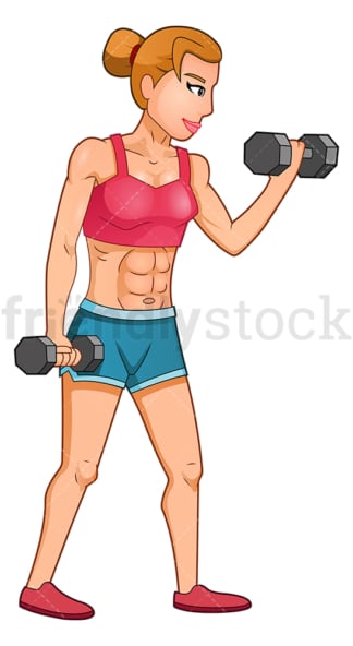 肌肉发达的女人用哑铃练习二头肌卷曲。PNG - JPG和矢量EPS(无限扩展)。