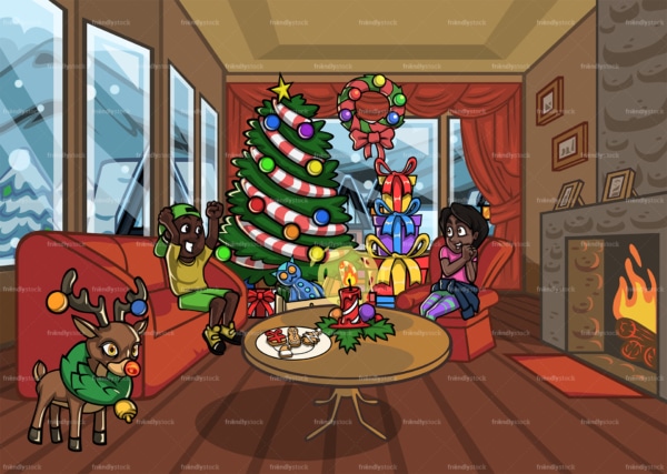黑人孩子在客厅里享受圣诞节。PNG - JPG和矢量EPS文件格式(无限扩展)。图像隔离在透明背景上。