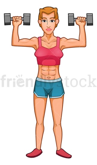 健身女子用哑铃表演肩压。PNG - JPG和矢量EPS(无限扩展)。
