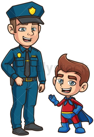 超级英雄小孩和警察说话。PNG - JPG和矢量EPS(无限扩展)。