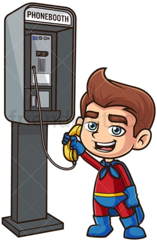 超级英雄小孩在电话亭打电话。PNG - JPG和矢量EPS(无限扩展)。