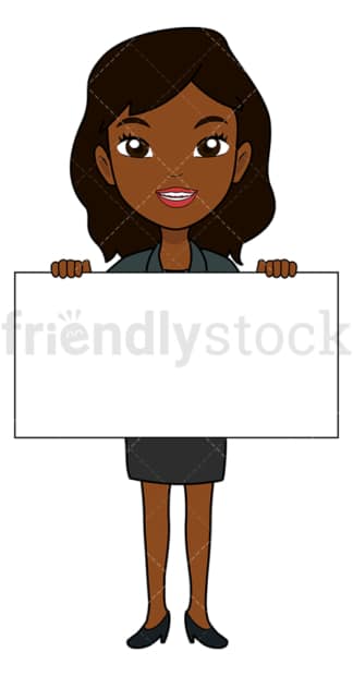 黑人女商人举着一个空牌子。PNG - JPG和矢量EPS文件格式(无限扩展)。图像隔离在透明背景上。