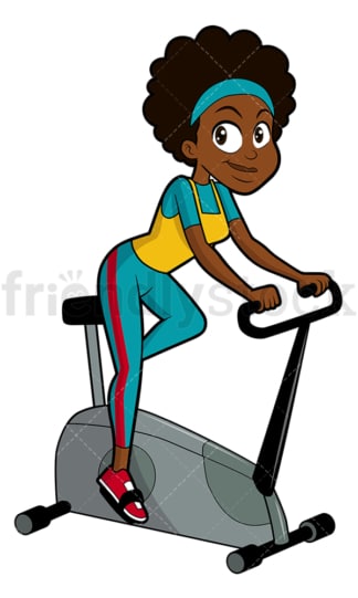 黑人妇女在健身自行车上。PNG - JPG和矢量EPS文件格式(无限可扩展)。图像隔离在透明背景上。