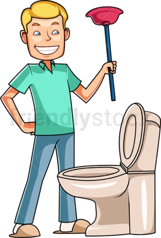 男子拿着柱塞在厕所附近。PNG - JPG和矢量EPS文件格式(无限扩展)。图像隔离在透明背景上。