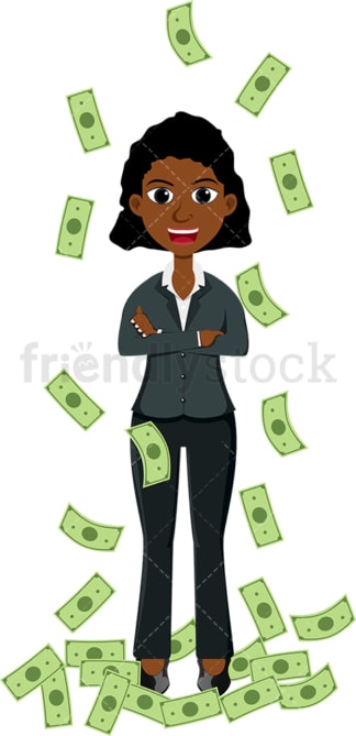 镇定的黑人妇女站在钱周围。PNG - JPG和矢量EPS文件格式(无限扩展)。图像隔离在透明背景上。