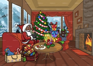 黑色圣诞老人在圣诞节给小男孩带来礼物。PNG - JPG和矢量EPS文件格式(无限扩展)。图像隔离在透明背景上。