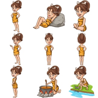 洞穴女子卡通人物捆2。PNG - JPG和无限可扩展矢量EPS -白色或透明背景。