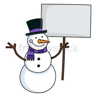 可爱的雪人举着一个空的标志。PNG - JPG和矢量EPS文件格式(无限可扩展)。图像隔离在透明背景上。