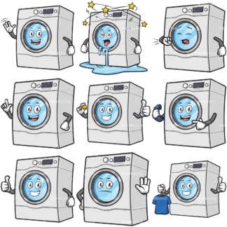 洗衣机人物卡通吉祥物包。PNG - JPG和无限可扩展矢量EPS -白色或透明背景。
