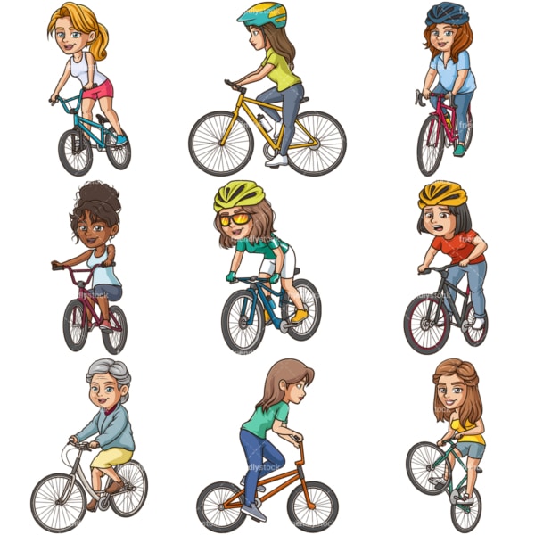 Women riding bikes clipart bundle. PNG - JPG and infinitely scalable vector EPS - on white or transparent background.