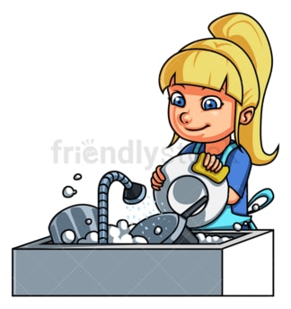 小女孩在洗碗。PNG - JPG和矢量EPS(无限可扩展)。