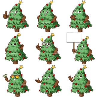 Weihnachtsbaum-Maskottchen。PNG - JPG和unendlich skalierbare Vektor EPS - auf weißem oder transparentem Hintergrund。