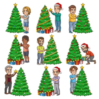 男人在装饰圣诞树。PNG - JPG和无限可伸缩的矢量EPS -白色或透明的背景。