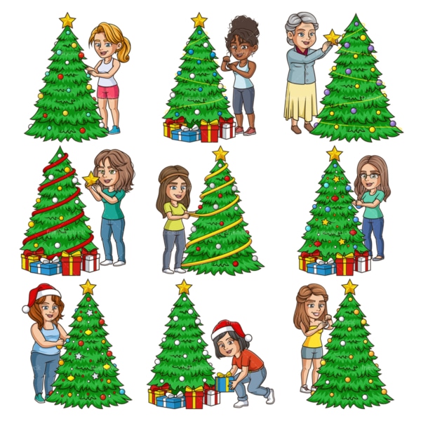 装饰圣诞树的妇女。PNG - JPG和无限可扩展矢量EPS -白色或透明背景。