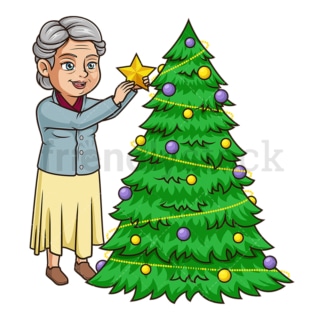 老妇人在装饰圣诞树。PNG - JPG和矢量EPS(无限扩展)。