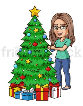 快乐的女孩装饰圣诞树。PNG - JPG和矢量EPS(无限扩展)。