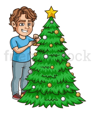 年轻人在装饰圣诞树。PNG - JPG和矢量EPS(无限可扩展)。