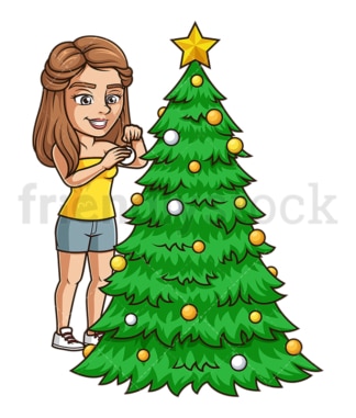 年轻女子装饰圣诞树。PNG - JPG和矢量EPS(无限可扩展)。