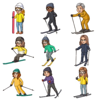女性滑雪。PNG - JPG和无限可伸缩的矢量EPS -白色或透明的背景。