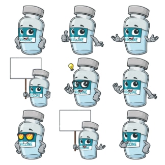 疫苗瓶吉祥物PNG - JPG和无限可扩展矢量EPS -白色或透明背景。
