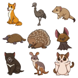 澳大利亚卡哇伊动物剪贴画。PNG - JPG和无限可扩展矢量EPS -白色或透明背景。