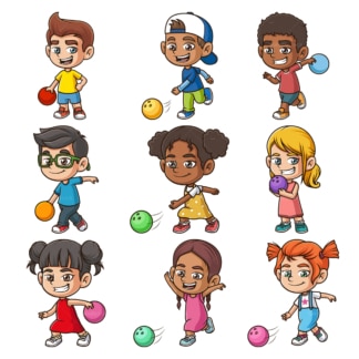 卡通小孩打保龄球。PNG - JPG和无限可扩展矢量EPS -白色或透明背景。