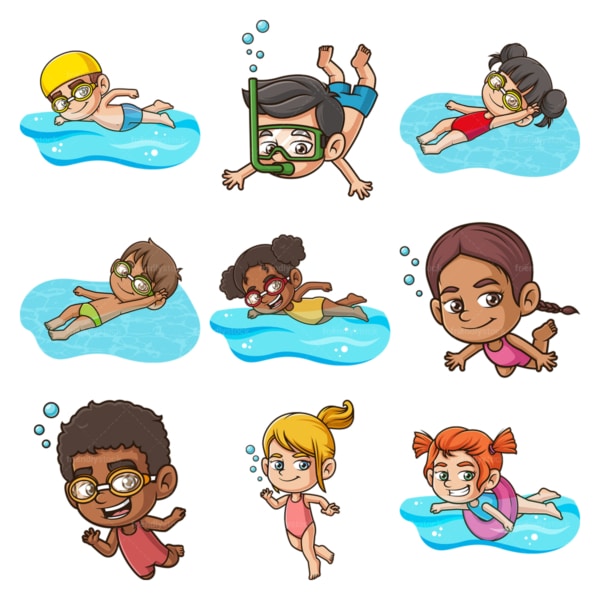 卡通小孩在游泳。PNG - JPG和无限可扩展矢量EPS -白色或透明背景。