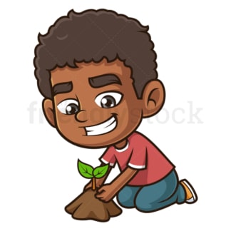 卡通黑人男孩种树。PNG - JPG和矢量EPS(无限扩展)。