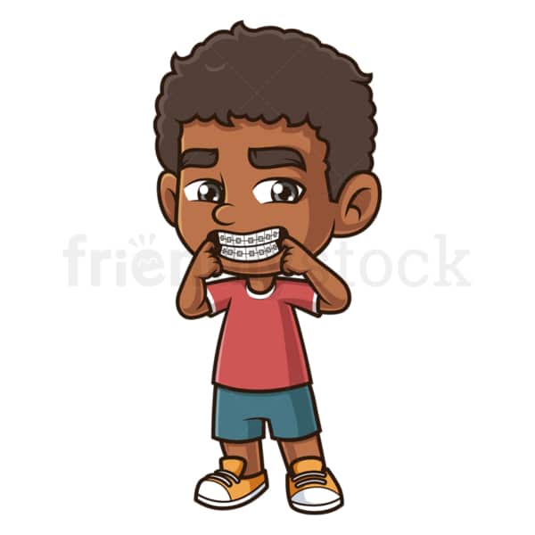 卡通黑人男孩炫耀牙套。PNG - JPG和矢量EPS(无限扩展)。