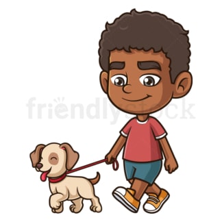 卡通黑人男孩遛狗。PNG - JPG和矢量EPS(无限扩展)。