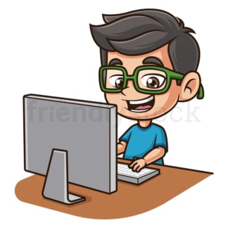 卡通小孩用电脑做作业。PNG - JPG和矢量EPS(无限扩展)。