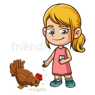 卡通女孩喂母鸡。PNG - JPG和矢量EPS(无限扩展)。