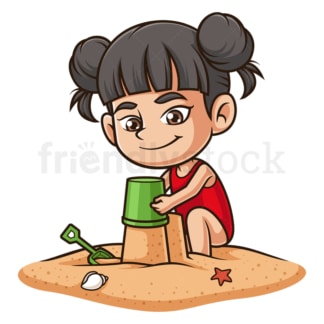 卡通亚洲女孩建造沙堡。PNG - JPG和矢量EPS(无限扩展)。