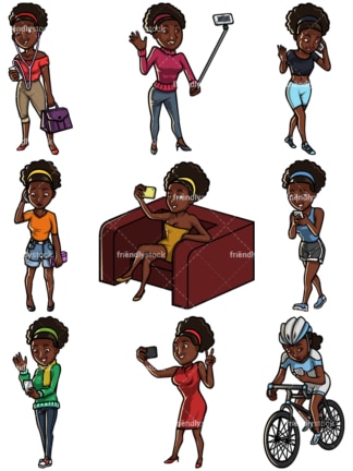 Schwarze Frau, die Handysammlung verwendet - Bilder lockalisiert auf weißem Hintergrund。透明PNG和矢量(unendlich skalierbar) EPS