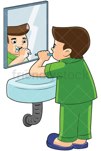 男孩在透明背景的镜子前刷牙。PNG