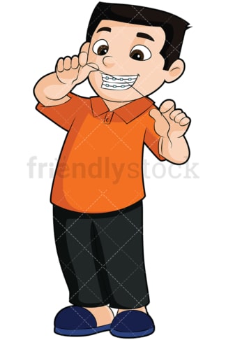带牙套的男孩用牙线剔牙——透明背景上的孤立图像。PNG