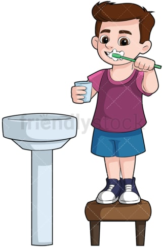 小男孩在水池里刷牙——透明背景上的照片。PNG