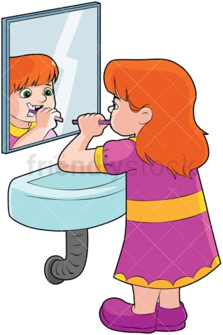 女孩在透明背景的镜子前刷牙。PNG