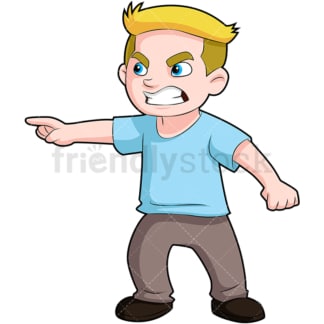 愤怒的男孩指着手指，怒容满面。PNG - JPG和矢量EPS(无限可扩展)。图像隔离在透明背景上。