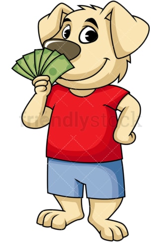 狗的卡通人物拿着钱。PNG - JPG和矢量EPS(无限可扩展)。图像隔离在透明背景上。