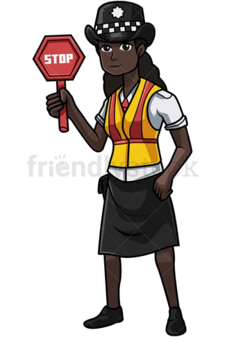 英国黑人女警察举着停车标志。PNG - JPG和矢量EPS文件格式(无限可扩展)。图像隔离在透明背景上。